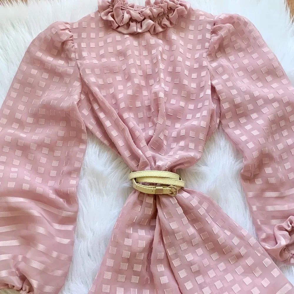 Vintage Sheer Pink Ruffle Collar Dress
